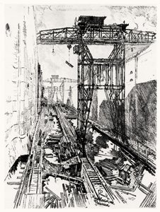 Grúas en la esclusa de Miraflores, lámina XXII de El Canal de Panamá por Joseph Pennell, 1912 de Joseph Pennell