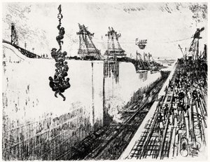 Hora de la cena en Gatún, lámina III de El Canal de Panamá por Joseph Pennell, 1912 de Joseph Pennell