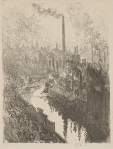 Trabajo de guerra inglés: La gran chimenea, el parque de motores de Joseph Pennell