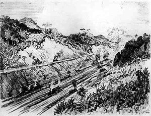 El corte en Las Cascadas, lámina XII de El Canal de Panamá por Joseph Pennell, 1912