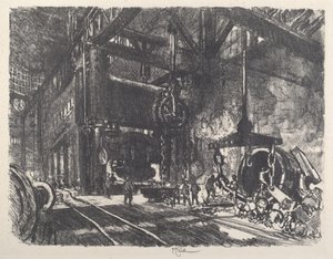 En la tierra de Brobdingnag, la prensa de doblado de placas de armadura, 1917 de Joseph Pennell