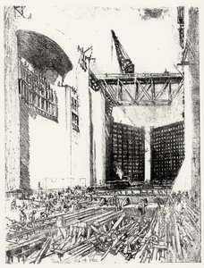 Colocación del suelo: esclusa de Pedro Miguel, lámina XVIII de El Canal de Panamá por Joseph Pennell, 14 de febrero de 1912 de Joseph Pennell