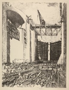 Colocación del suelo de la esclusa de Pedro Miguel de Joseph Pennell
