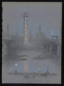 Torre de disparo con luces nocturnas, desde el malecón