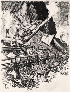 Trabajo con pala de vapor: corte de Culebra, lámina XIV de El Canal de Panamá por Joseph Pennell, 1912