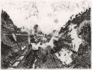 El corte mirando hacia la colina de Ancón, lámina XVII de El Canal de Panamá por Joseph Pennell, 1912 de Joseph Pennell