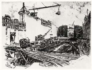 Las paredes de Pedro Miguel, lámina XX de El Canal de Panamá por Joseph Pennell, 1912
