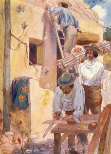 Hugonotes construyendo sus granjas (litografía en color)