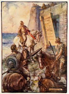 Macbeth siendo rechazado por Lady Macduff mientras su esposo escapa por mar de Joseph Ratcliffe Skelton