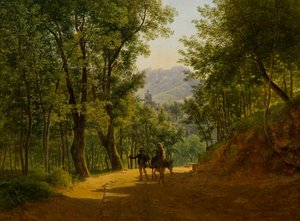 Paisaje italiano (ruta en Cava de´ Tirreni con la iglesia de Santa Maria Maggiore de Corpo di Cava y el Monte Finestra al fondo) de Joseph Rebell