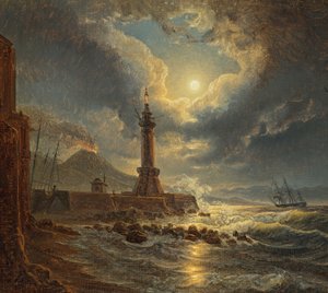 Faro en el puerto de Nápoles a la luz de la luna