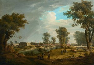 Escena de las Guerras Napoleónicas: Puente en el Lobau con infantería francesa de Joseph Rebell