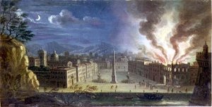 Una plaza en un puerto italianizante con un edificio en llamas por la noche de Joseph Ruiz