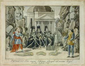 Tamino y Papageno con las tres damas ... (grabado)