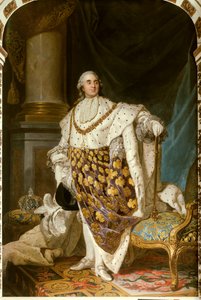 Retrato de cuerpo entero del Rey de Francia Luis XVI en traje de coronación (1754-1793) Lleva el collar de la Orden del Espíritu Santo - Pintura del taller de Joseph Siffred Duplessis (1725-1802) de Joseph Siffred Duplessis