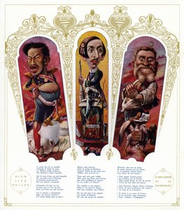 Caricaturas: Emperador Meiji de Japón; Maurice Barres, escritor y político nacionalista francés; Jean Jaures, político francés