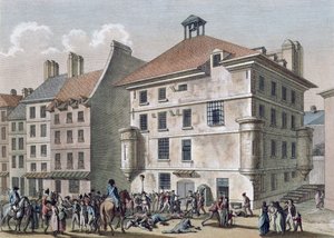 Las Masacres de Septiembre: La Masacre en la Prisión de la Abadía cerca de St. Germain des Pres, 2-5 de septiembre de 1792, grabado por Reinier Vinkeles (1741-1816) y Daniel Vrydag (1765-1822) (grabado en color) de Joseph Swebach Desfontaines