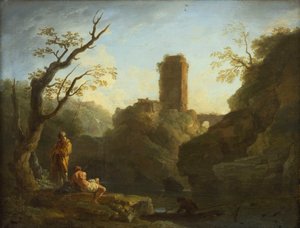 Francés: Un paisaje con un árbol y dos hombres, una torre al fondo