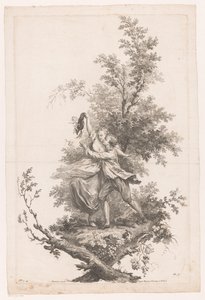 Hombre y mujer abrazados con un sombrero lleno de uvas Otoño Cuatro estaciones (título de la serie)