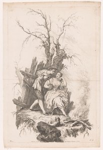 hombre y mujer, con, perro, por, un, fuego Invierno Cuatro estaciones (título de la serie)