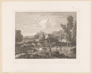Paisaje fluvial con pastor y vacas en un puente. de Joseph Wagner