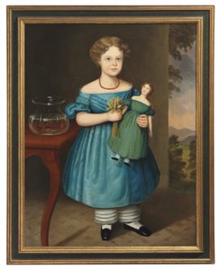Retrato de Amy Philpot en un vestido azul con muñeca y pez dorado de Joseph Whiting Stock