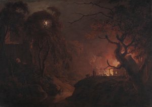 Casa en llamas por la noche de Joseph Wright of Derby