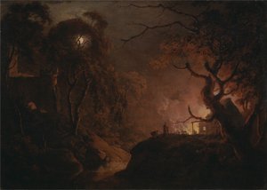 Casa en llamas por la noche de Joseph Wright of Derby