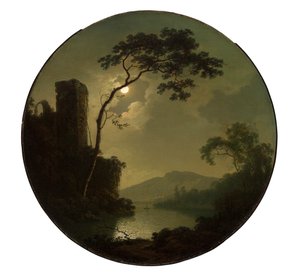 Lago con castillo en una colina de Joseph Wright of Derby