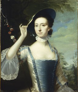 Retrato de una dama junto a una guirnalda de flores, en un paisaje de Joseph Wright of Derby