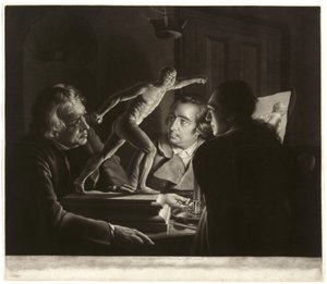 Tres personas viendo al Gladiador a la luz de las velas, grabado por William Pether, 1769