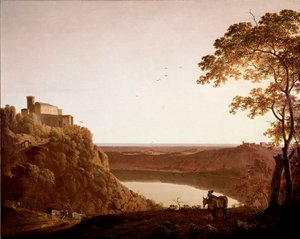 Vista del Lago Nemi al atardecer. Pintura de Joseph Wright dit Wright of Derby (1734-1797) de Joseph Wright of Derby