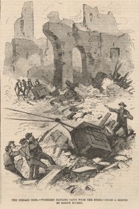 Trabajadores sacando cajas fuertes de las ruinas, ilustración de Frank Leslies Illustrated Newspaper, 1871 de Joseph after Becker