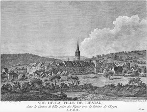 Vista de la ciudad de Liesthal en el cantón de Basilea, tomada desde un viñedo en el río Ergolz