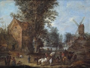 Una escena de pueblo con viajeros y carreteros y otras numerosas figuras en sus actividades cotidianas. de Joseph van Bredael