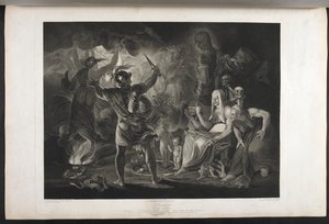 Macbeth.
Acto IV. Escena I.
Una cueva oscura. En el centro un caldero hirviendo. Tres brujas. Macbeth. Hécate.
Macbeth se enfrenta a las brujas y a las apariciones; a sus pies, dentro de una serpiente enroscada, hay un niño pequeño ensangrentado y un ni de Joshua (after) Reynolds