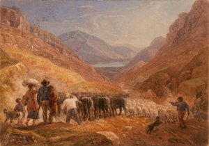 Pastores conduciendo ganado vacuno y ovejas por el paso de Tal-y-Llyn, Gales de Joshua Cristall