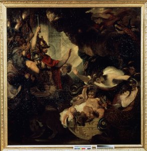 El infante Hércules estrangulando a las serpientes Entre los personajes representados: el vidente Tiresias (izquierda) y la diosa Juno (Hera) con pavos reales (arriba a la derecha). Pintura de Sir Joshua Reynolds (1732-1792) de Joshua Reynolds