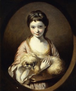 Retrato de la Srta. Emilia Vansittart, medio cuerpo, vistiendo un Vestido Rosa y Blanco sosteniendo un Perro, c.1767-68 de Joshua Reynolds