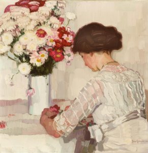 En pensamientos (Dama de blanco con flores)