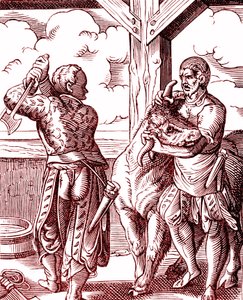 Un carnicero - Comida y cocina en la Edad Media. Grabado de Jost Amman (1539-1591). Grabado de 1878 de Jost (after) Amman