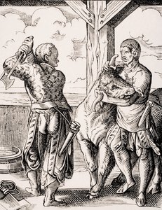 El carnicero y su ayudante, reproducción de un grabado del siglo XVI de Jost Amman (1539-91) extraído de "Le Moyen Age et La Renaissance" de Paul Lacroix (1806-84) publicado en 1847 (litografía).