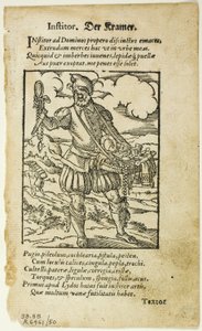 Der Kramer (El vendedor ambulante) de De omnibus illiberalibus sive mechanicis artibus por Hartmann Schopper, lámina 50 de Grabados en madera de libros del siglo XVI de Jost Amman