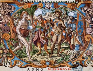Cuatro continentes, detalle de la portada, grabado por Jost Amman (1539-1591) de Jost Amman