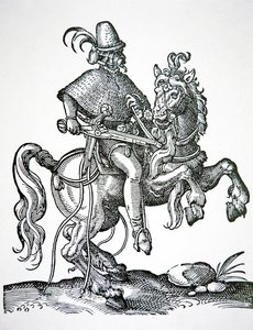 Soldado a caballo con pistola de rueda, ilustración de 