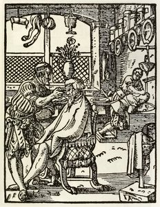 Los barberos de una serie que representa ocupaciones y oficios publicada por primera vez en Das Ständebuch 1568 en Frankfurt, Alemania