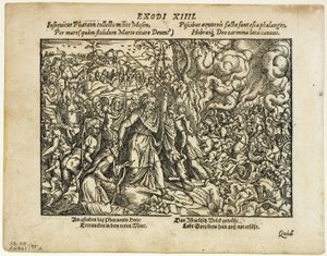 El paso del Mar Rojo (recto) y El entierro de Jacob (verso) de Neuwe Biblische Figuren, placa 48 de Xilografías de libros del siglo XVI