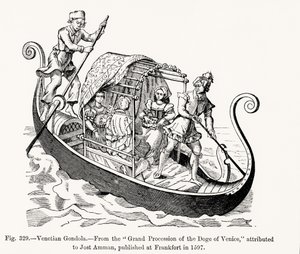 Góndola Veneciana, de la Gran Procesión del Dux de Venecia, ilustración de Ciencia y Literatura en la Edad Media y el Renacimiento, grabado por Paul Lacroix, 1878 de Jost (after) Amman