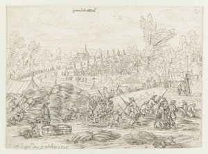 Vista de un campamento del ejército de Willem III cerca de Grand-Hallet, Lieja de Josua de Grave