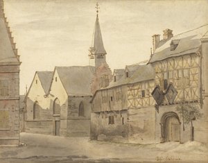 Vista de la iglesia de San Jacobo y la posada, Maastricht de Josua de Grave
